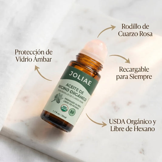 Aceite De Ricino Orgánico Prensado En Frío En Formato Roll-On, En Envase De Vidrio Ámbar.