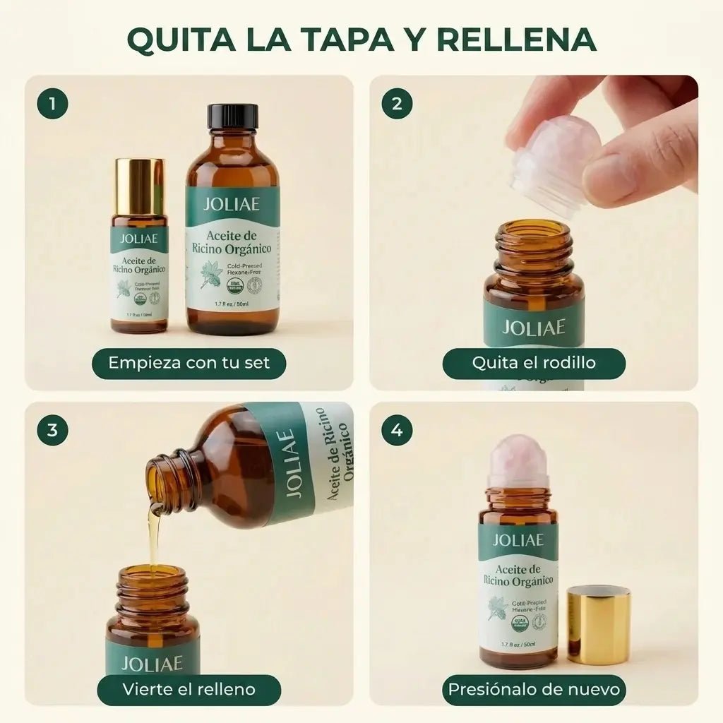 Aceite De Ricino Orgánico Prensado En Frío En Formato Roll-On, En Envase De Vidrio Ámbar.
