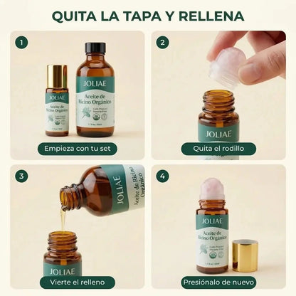 Aceite De Ricino Orgánico Prensado En Frío En Formato Roll-On, En Envase De Vidrio Ámbar.
