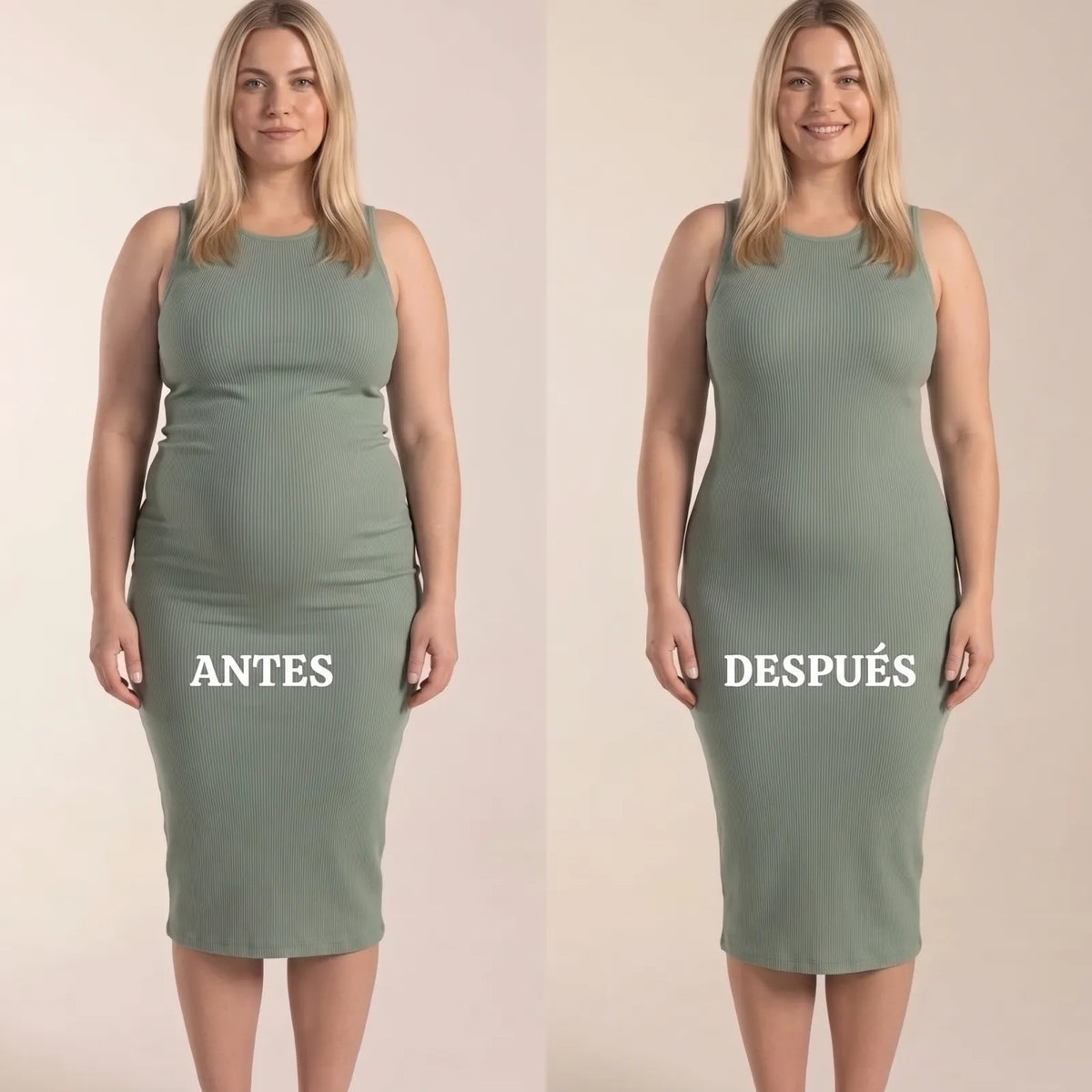 Braga Posparto — Compresión 360° — Antes y después vestido verde
