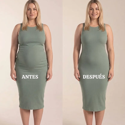 Braga Posparto — Compresión 360° — Antes y después vestido verde