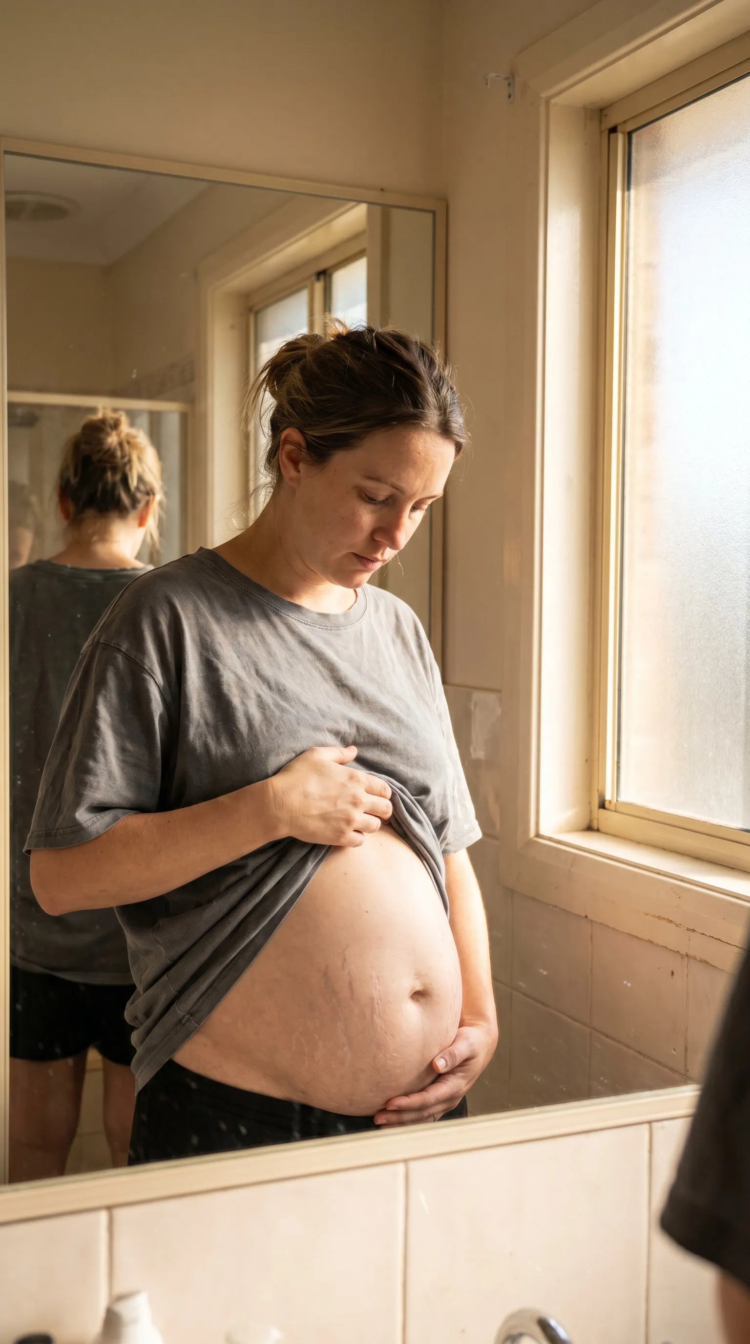 Mujer mirándose el vientre en el espejo